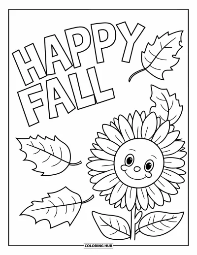 Coloriage bon automne pour enfants : Un tournesol souriant rayonne à côté de feuilles qui tombent et de l'inscription « Vive l’automne »
