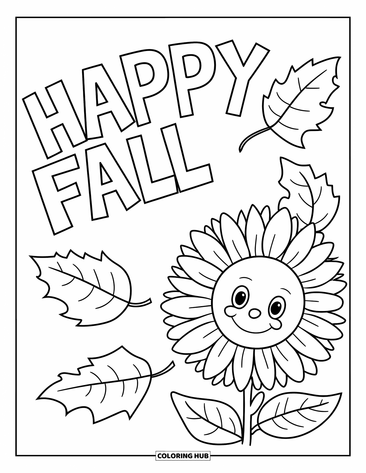 Happy Fall Coloring Page for Kids: A smiling sunflower beams beside falling leaves and the phrase "Happy Fall"