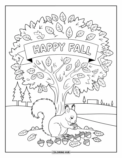 Coloriage bon automne pour enfants : Un écureuil ramasse des glands sous des arbres d'automne colorés et un bon panneau « Vive l’automne »