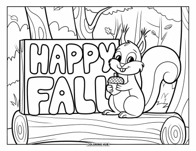 Coloriage bon automne pour enfants : Un écureuil serre un gland sous des feuilles colorées à côté d'un grand panneau « Vive l’automne »