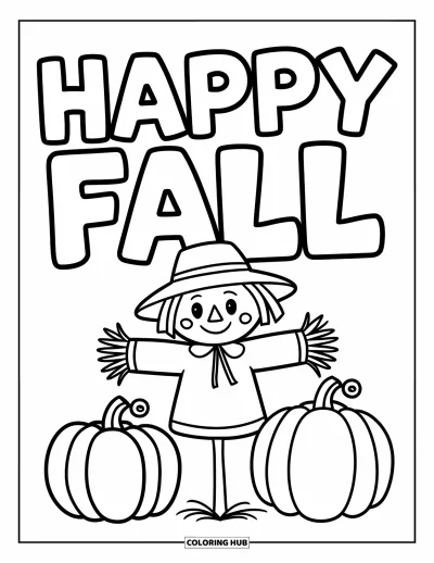 Coloriage bon automne pour enfants : Un épouvantail à chapeau de paille se tient près de grosses citrouilles avec « Vive l’automne » au-dessus