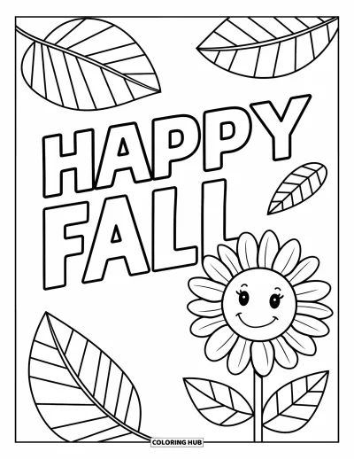 Coloriage bon automne pour enfants : Un tournesol sourit à côté de feuilles tourbillonnantes et de lettres bien marquées « Vive l’automne »