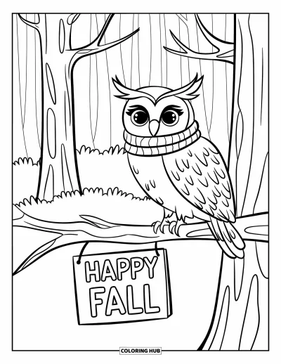 Coloriage bon automne pour enfants : Un petit hibou avec une écharpe est perché près d'arbres et d'un panneau « Vive l’automne »