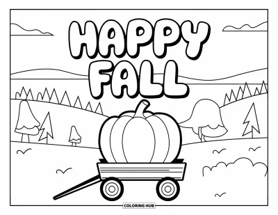 Coloriage bon automne pour enfants : Une charrette transporte une citrouille géante sous un grand panneau « Vive l’automne » en lettres bulles
