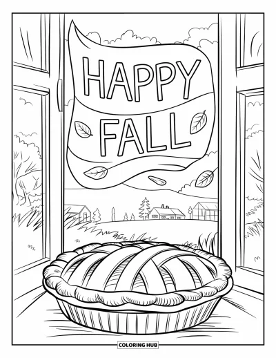 Coloriage bon automne pour enfants : Une tarte chaude refroidit près de la fenêtre avec « Vive l’automne » flottant dans l'air