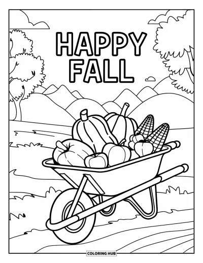 Coloriage bon automne pour enfants : Une brouette remplie de récoltes d'automne est placée sous un panneau lumineux « Vive l’automne »