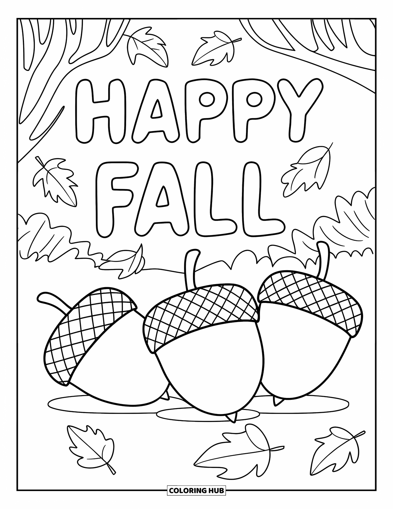 Happy Fall Coloring Page for Kids: Acorns and leaves fill the ground below a playful "Happy Fall" sign