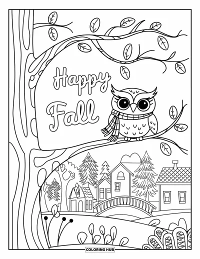 Coloriage bon automne pour enfants : Un hibou sur une branche contemple des maisons et des arbres sous un panneau « Vive l’automne »