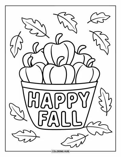 Coloriage bon automne pour enfants : Des pommes et des feuilles remplissent un panier sous un message bien marqué « Vive l’automne »