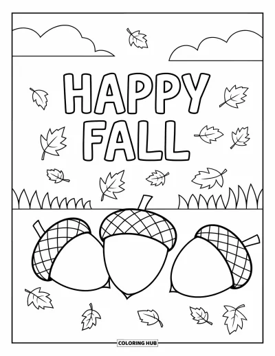 Coloriage bon automne pour enfants : De gros glands reposent sur le sol tandis que des feuilles tombent et que « Vive l’automne » flotte au-dessus