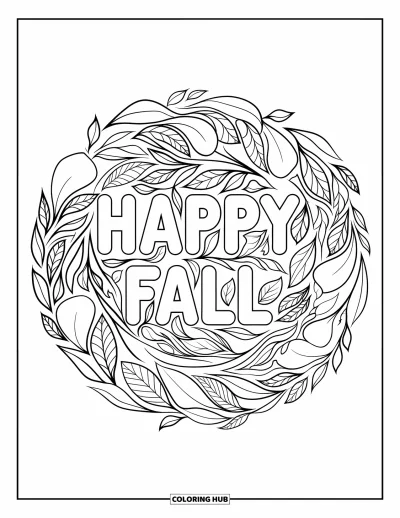 Coloriage bon automne pour enfants : « Vive l’automne » est entouré de feuilles tourbillonnantes de différentes formes et tailles