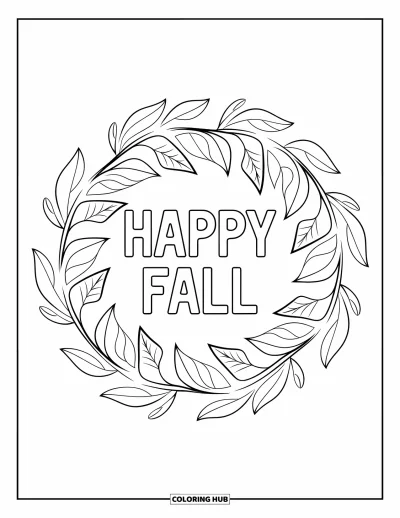 Coloriage bon automne pour enfants : Des feuilles dansent en cercle autour du texte « Vive l’automne » bien visible au centre