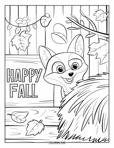 Coloriage bon automne pour enfants : Des feuilles tombent autour d'un renard curieux dans le foin à côté d'un panneau « Vive l’automne »