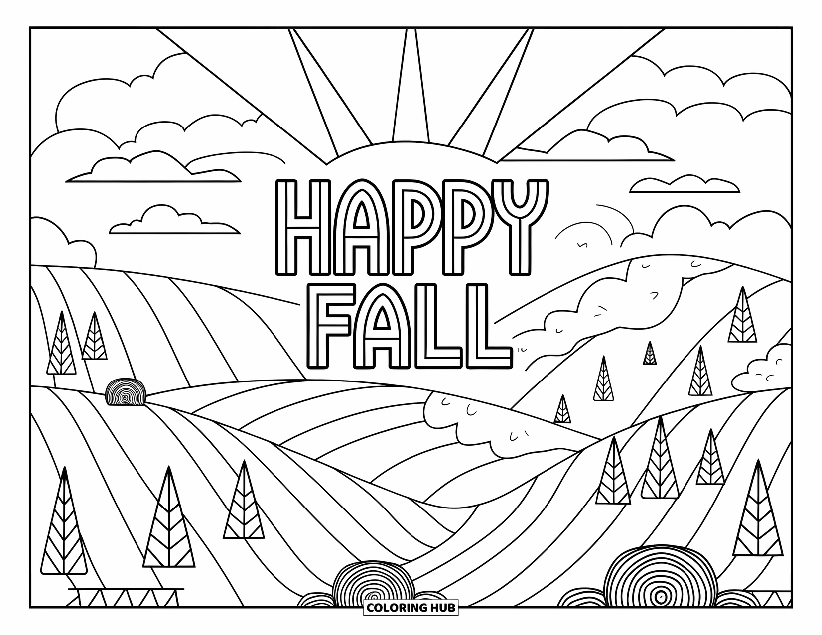 Happy Fall Coloring Page for Kids: Rolling hills and haystacks frame a bright "Happy Fall" sunbeam in a cozy field