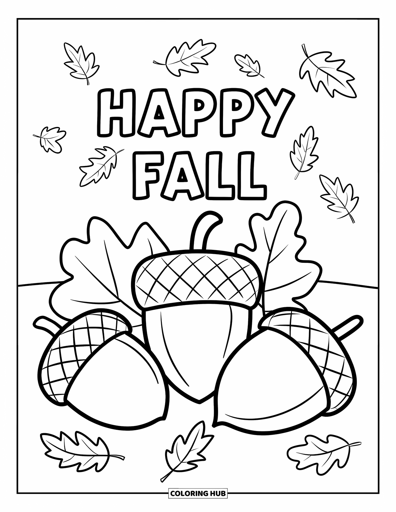 Happy Fall Coloring Page for Kids: Three large acorns sit on the ground under a falling-leaf "Happy Fall" scene