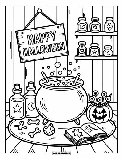 Coloriage « Joyeux Halloween » pour adultes : Un chaudron bouillonnant et un grimoire reposent dans une salle des potions accueillante