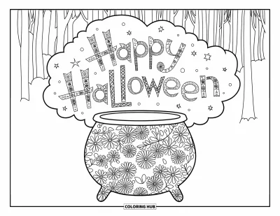 Coloriage « Joyeux Halloween » pour adultes : Un chaudron bouillonnant avec de la fumée d'Halloween est posé dans une clairière