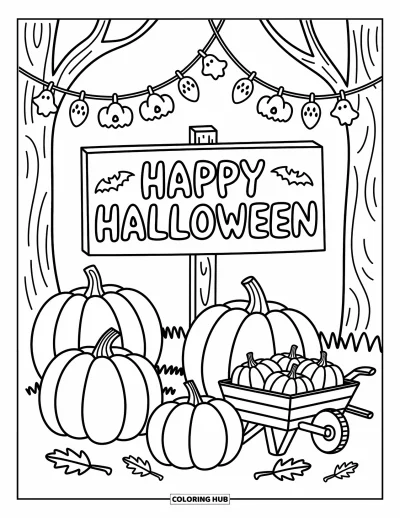 Coloriage « Joyeux Halloween » pour adultes : Un champ de citrouilles festif avec des guirlandes, des formes de bonbons et un joyeux panneau Halloween