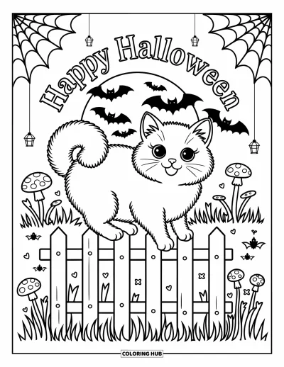 Coloriage « Joyeux Halloween » pour adultes : Un chat duveteux est perché sur une clôture avec des chauves-souris et une pleine lune