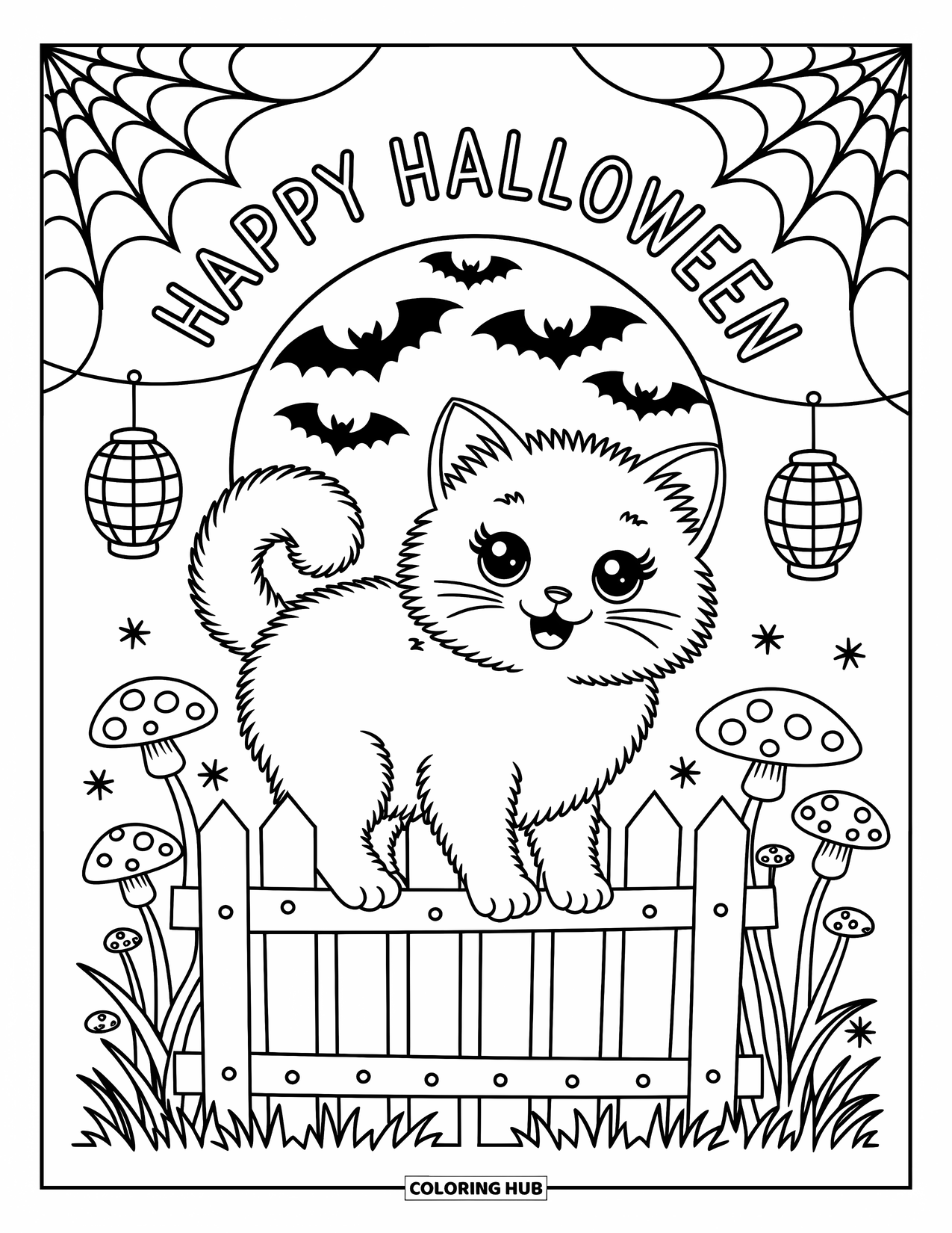 Happy Halloween Coloring Page for Adults: A happy cat and spooky bats under a bright Halloween moon