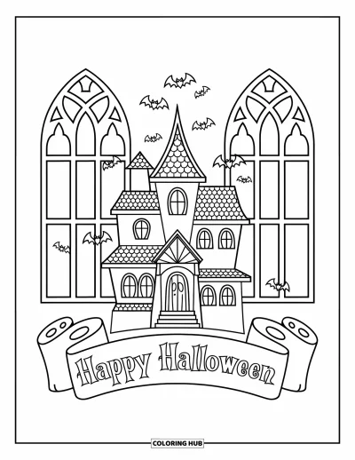 Coloriage « Joyeux Halloween » pour adultes : Une maison hantée avec des chauves-souris est encadrée d'arches gothiques et de volutes