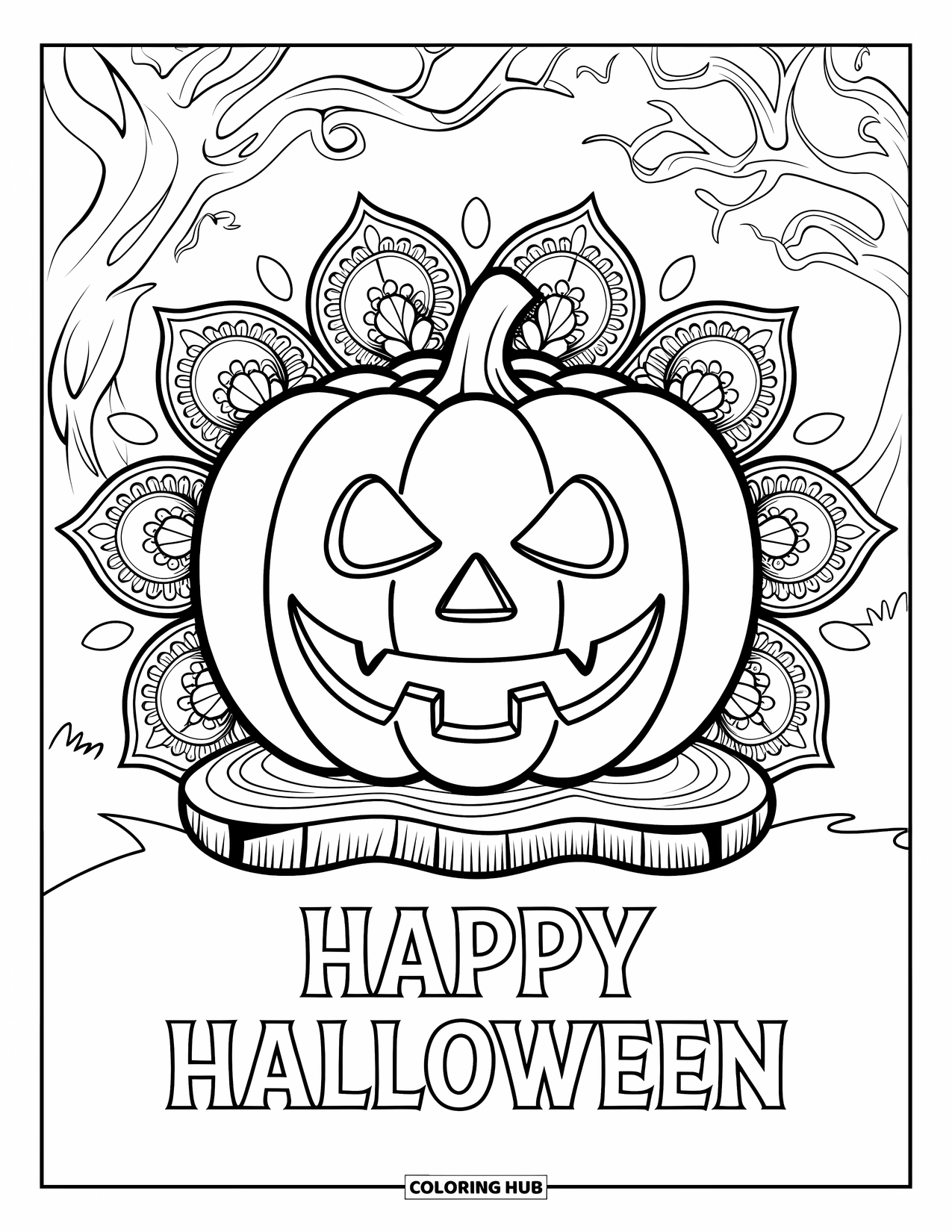 Happy Halloween Coloring Page for Adults: A jack-o'-lantern with floral designs and a spooky tree behind it