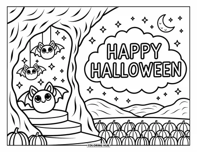 Coloriage « Joyeux Halloween » pour adultes : Une vue sur la montagne avec des chauves-souris, des citrouilles et 