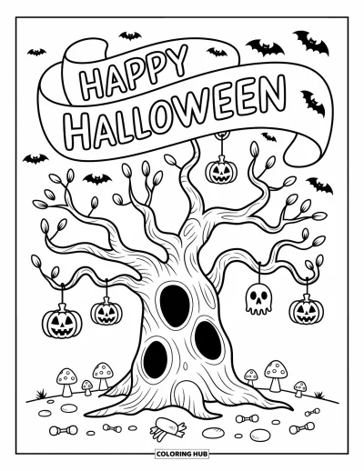 Coloriage « Joyeux Halloween » pour adultes : Un arbre fantaisiste porte des lanternes et des bonbons sous une banderole 