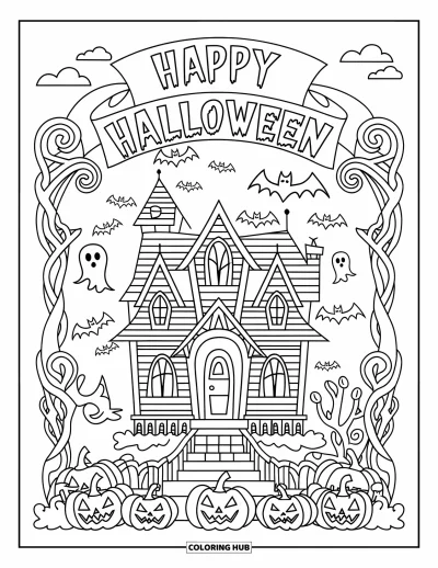 Coloriage « Joyeux Halloween » pour adultes : Une maison au toit pointu entourée d'arbres sinistres et de chauves-souris en vol