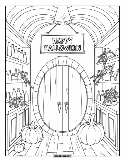 Coloriage « Joyeux Halloween » pour adultes : Une apothicairerie rustique avec des herbes et des potions sous une banderole d'Halloween joyeuse