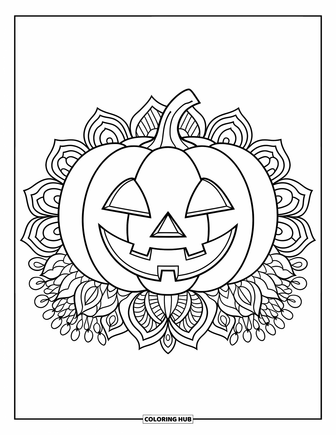 Happy Halloween Coloring Page for Adults: A smiling jack-o'-lantern sits in a swirl of floral mandalas