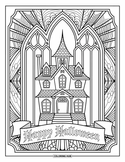 Coloriage « Joyeux Halloween » pour adultes : Une maison effrayante encadrée de fenêtres gothiques et de motifs finement travaillés