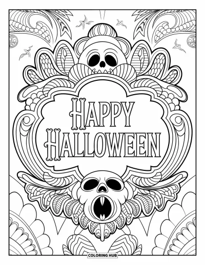 Coloriage « Joyeux Halloween » pour adultes : Un crâne effrayant est posé dans un cadre baroque élaboré avec 