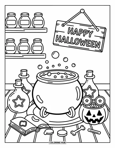 Coloriage « Joyeux Halloween » pour adultes : Une pièce chaleureuse avec un chaudron bouillonnant et des bocaux pleins de magie d'Halloween
