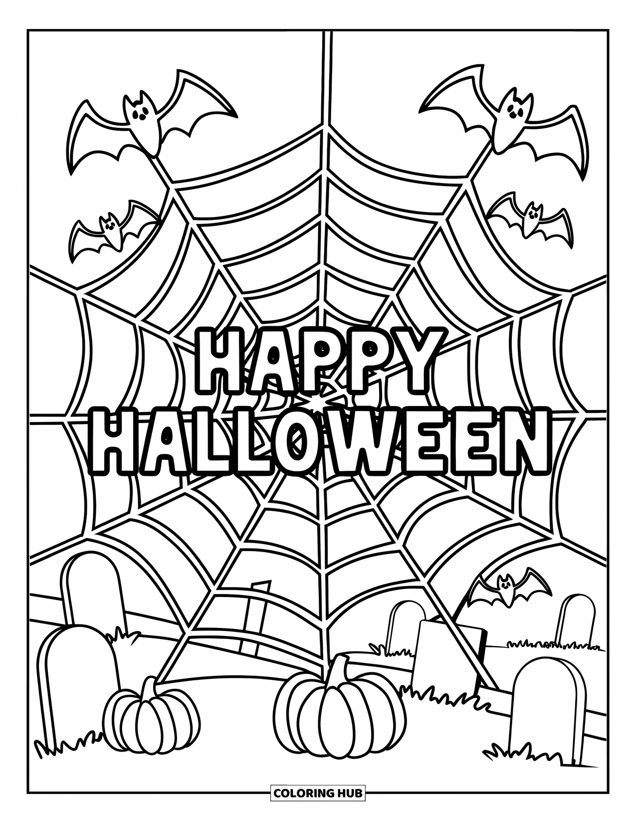 Happy Halloween Coloring Page for Adults: A web with bats and pumpkins surrounds the words "Happy Halloween"