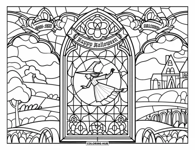 Coloriage « Joyeux Halloween » pour adultes : Une sorcière plane au-dessus d'arbres et d'un château dans un vitrail gothique