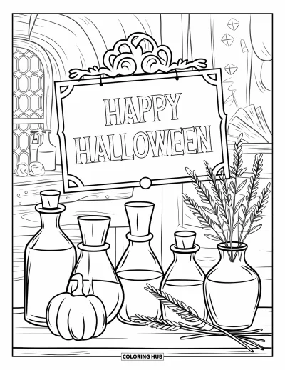 Coloriage « Joyeux Halloween » pour adultes : La boutique d'une sorcière avec des flacons, des herbes et un joyeux panneau d'Halloween