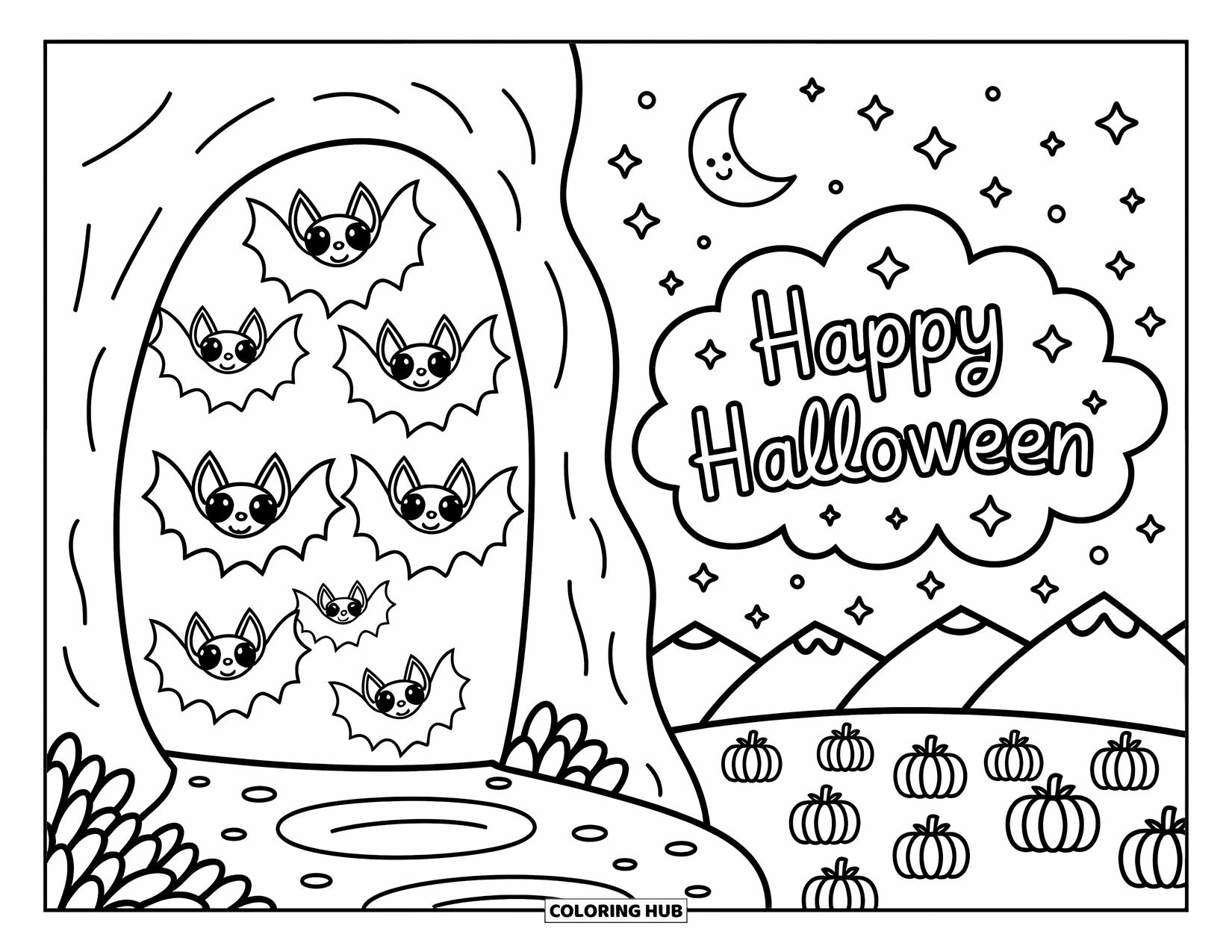 Happy Halloween Coloring Page for Adults: Adorable bats fly from a cozy cave above a peaceful pumpkin field