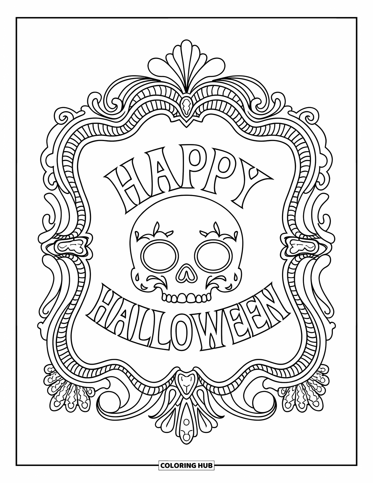 Happy Halloween Coloring Page for Adults: An ornate frame surrounds a Halloween skull with scrolls and flourishes