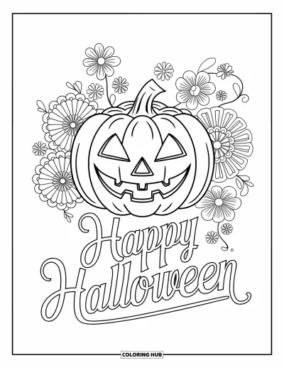 Coloriage « Joyeux Halloween » pour adultes : Une citrouille ornée aux yeux triangulaires repose dans un lit de mandalas floraux