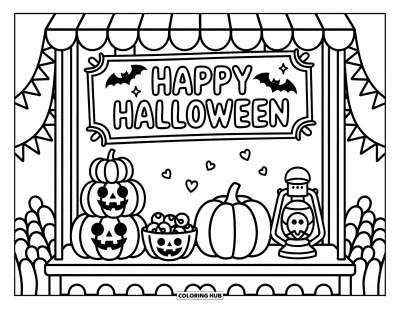 Coloriage « Joyeux Halloween » pour adultes : Des paniers de bonbons et des tartes à la citrouille sont posés sous un étal de marché douillet 