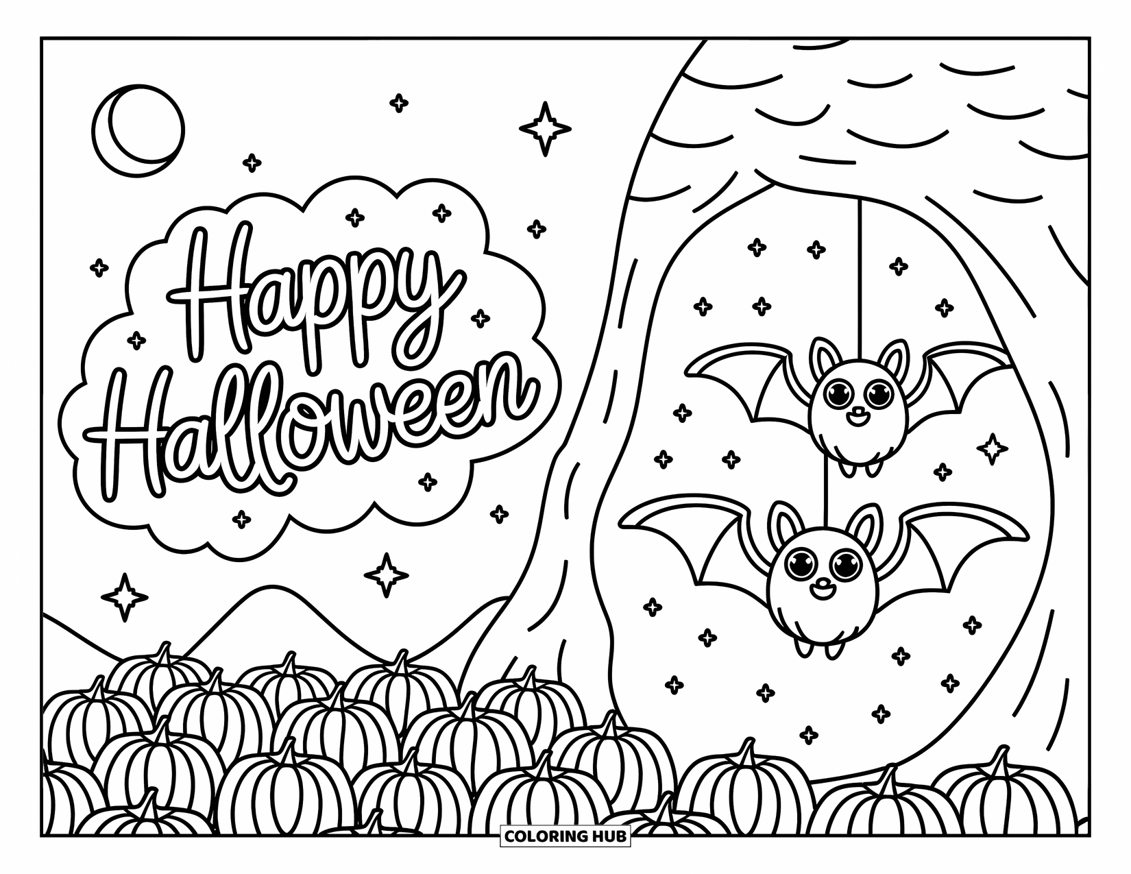 Happy Halloween Coloring Page for Adults: Big-eyed bats flutter out of a cave under a starry Halloween sky
