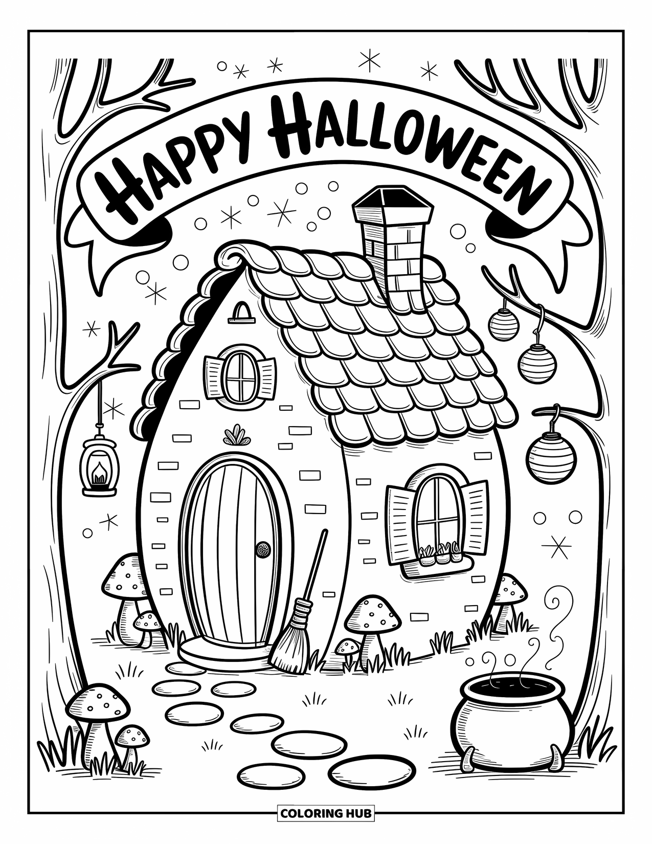 Happy Halloween Coloring Page for Adults: Candy-decorated banner floats above a cozy witchy cottage in the woods
