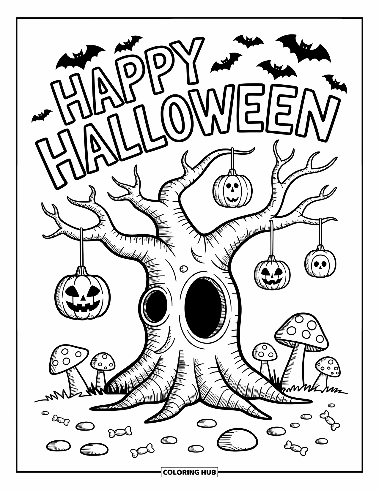 Happy Halloween Coloring Page for Adults: Candy, mushrooms, and lanterns surround a spooky tree with bats and Halloween cheer