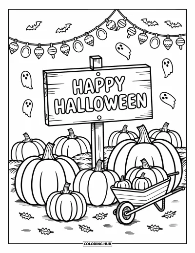 Coloriage « Joyeux Halloween » pour adultes : Des guirlandes et des citrouilles remplissent un charmant coin d'Halloween avec des touches ludiques partout