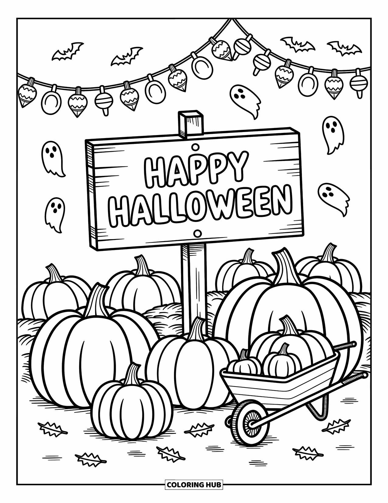 Happy Halloween Coloring Page for Adults: Garlands and pumpkins fill a cozy Halloween patch with playful touches everywhere