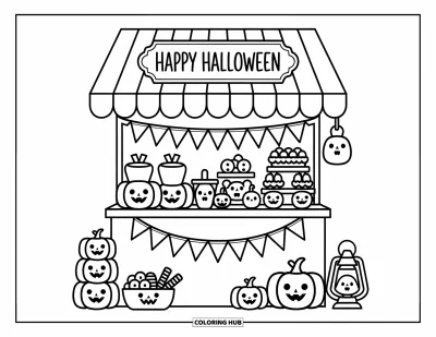 Coloriage « Joyeux Halloween » pour adultes : Des friandises d'Halloween et des citrouilles empilées remplissent un mignon étal de marché rayé