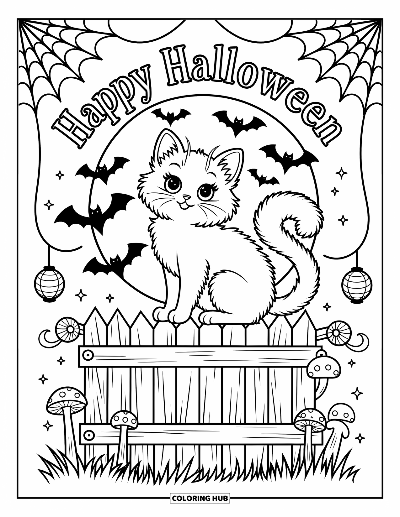 Happy Halloween Coloring Page for Adults: Lanterns and mushrooms surround a fence with a cat and "Happy Halloween" moon