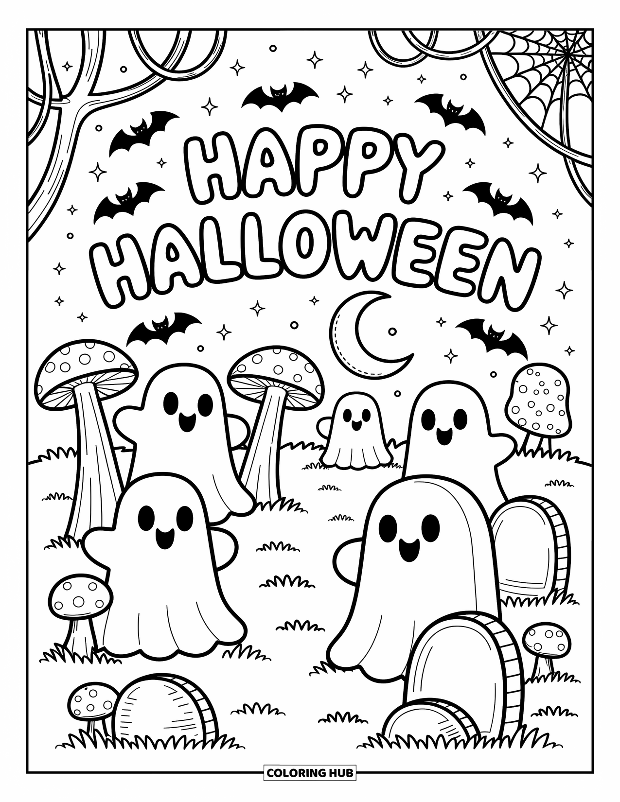 Happy Halloween Coloring Page for Adults: Playful ghosts hide among gravestones with stars and a bubbly Halloween sky