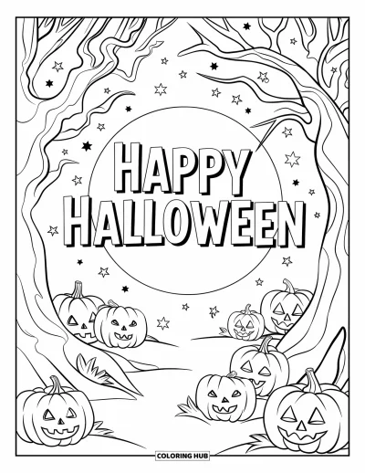 Coloriage « Joyeux Halloween » pour adultes : Des citrouilles et des arbres se dressent sous un ciel étoilé d'Halloween